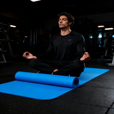 A thick yoga mat that protects knees and back during exercise.