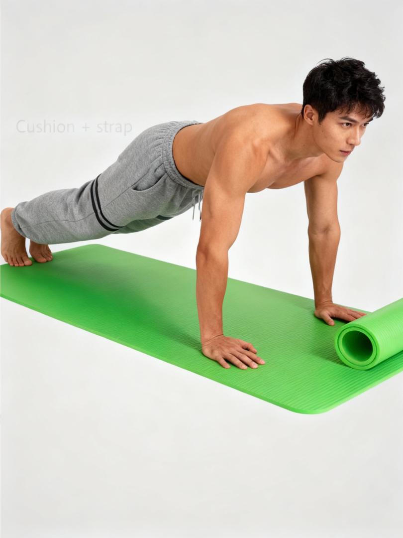 A thick yoga mat that protects knees and back during exercise.