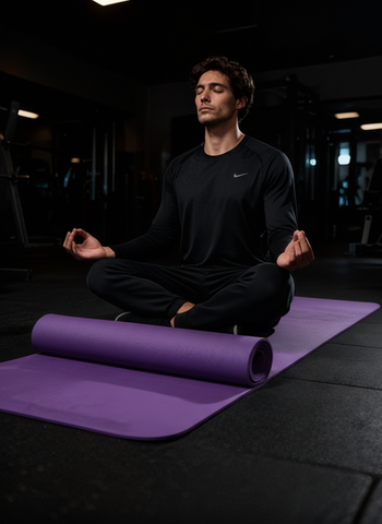 A thick yoga mat that protects knees and back during exercise.