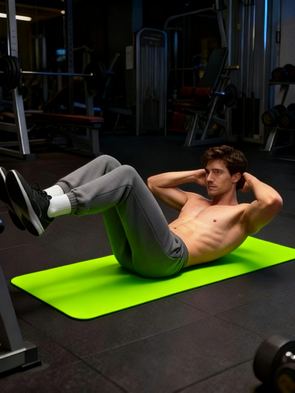 A thick yoga mat that protects knees and back during exercise.